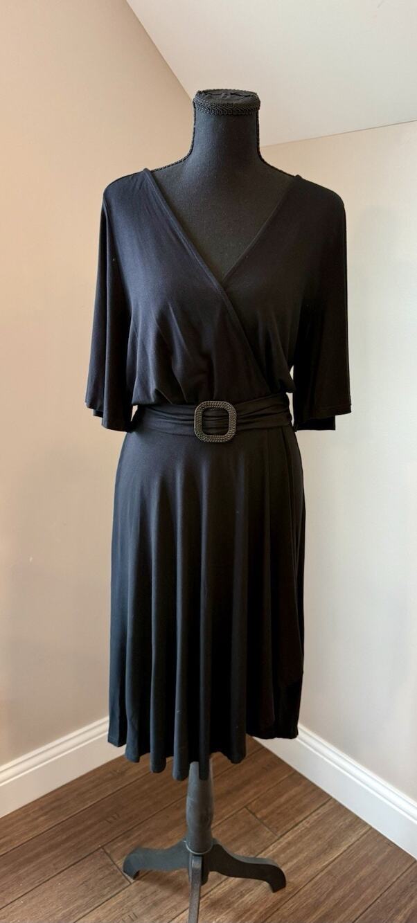 NWOT Lascana Black Belted Wrap Front Dress Size 12